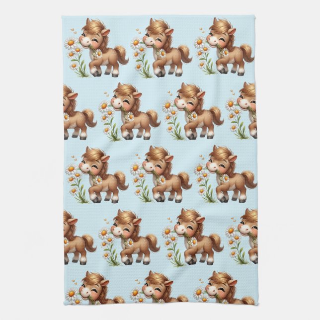 Cute Pony Eating Daisies Pattern Tea Towel (Vertical)