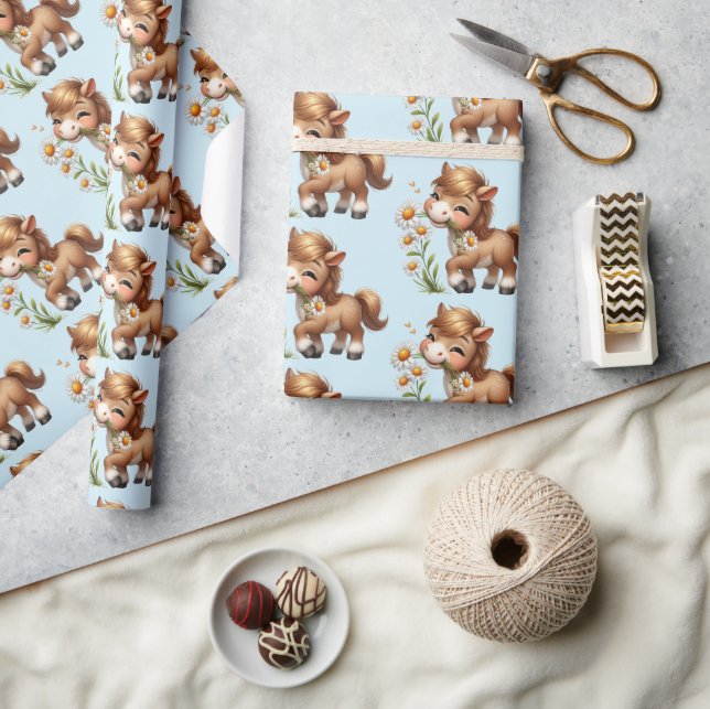 Cute Pony Eating Daisies Pattern Wrapping Paper (Crafts)