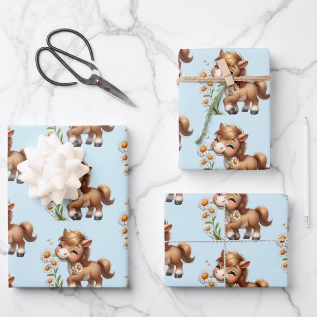 Cute Pony Eating Daisies Pattern Wrapping Paper Sheet (Front)