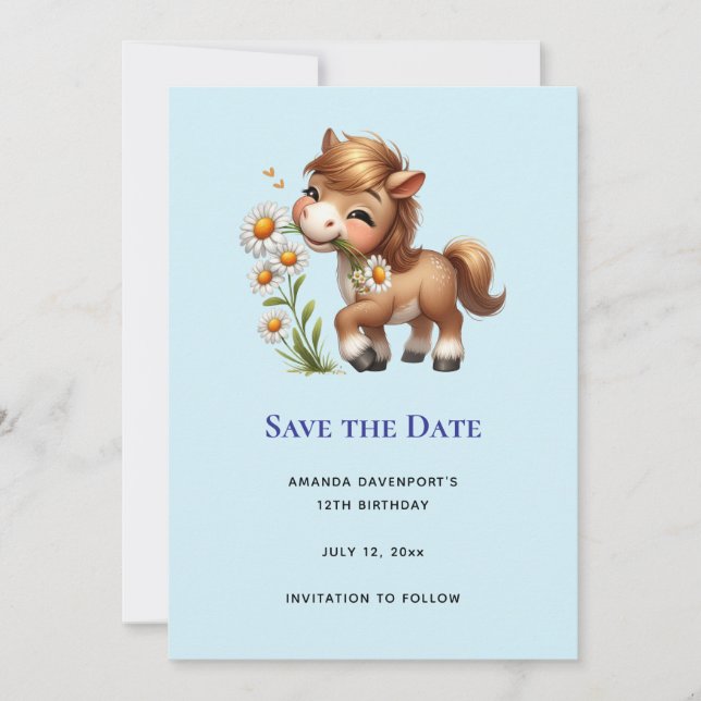 Cute Pony Eating Daisies Save The Date (Front)