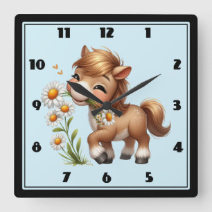 Cute Pony Eating Daisies Square Wall Clock