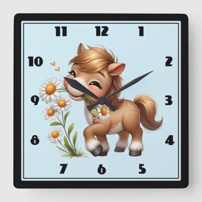 Cute Pony Eating Daisies Square Wall Clock (Front)