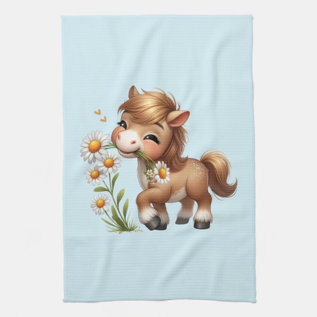 Cute Pony Eating Daisies Tea Towel (Vertical)