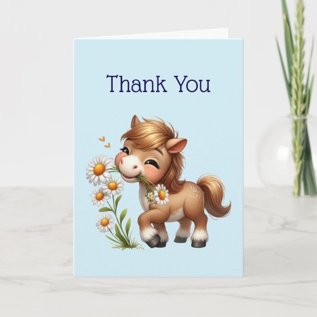 Cute Pony Eating Daisies Thank You Card (Front)