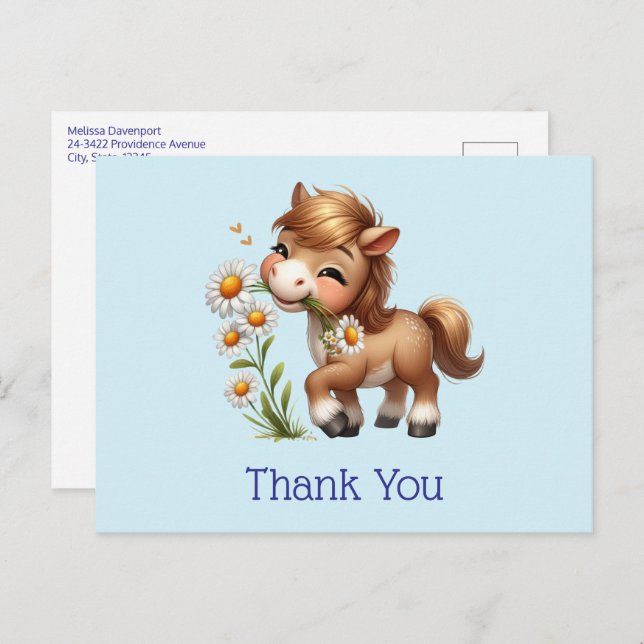 Cute Pony Eating Daisies Thank You Postcard (Front/Back)