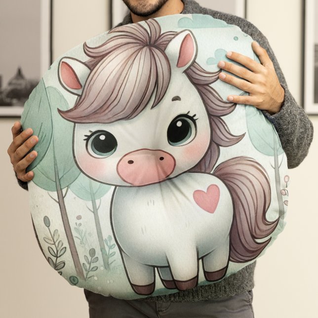 Cute Pony in a Whimsical Forest Round Pillow (Creator Uploaded)