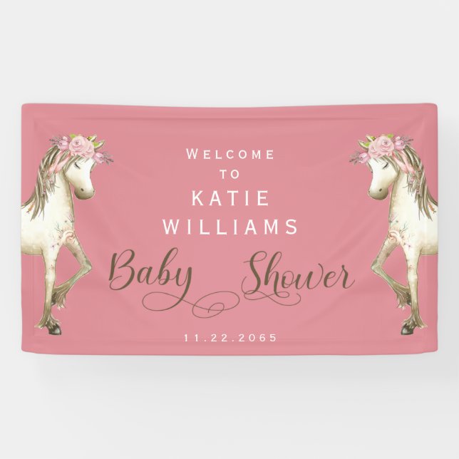 Cute Pony Pink Baby Shower Welcome Sign Banner (Horizontal)