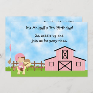 Cute Pony Rides and Pink Barn Horse Birthday Invitation