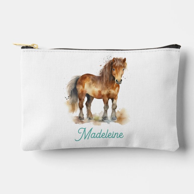 Cute Pony Watercolor Horse Kids Name Accessory Pouch (Front)