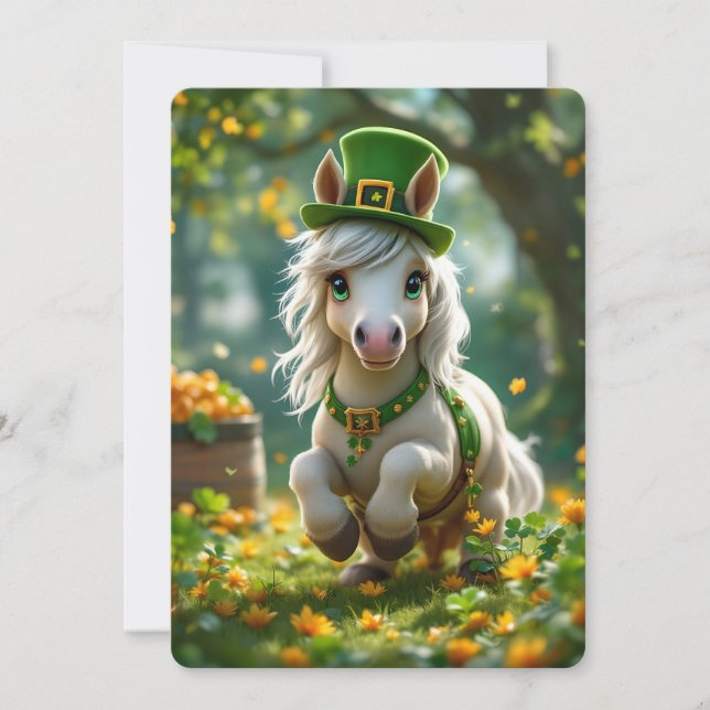 Cute Pony with green hat, bridle and Flowers Holiday Card (Front)