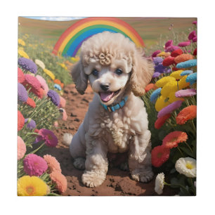 Cute Poodle Colourful flower and rainbow Ceramic Tile