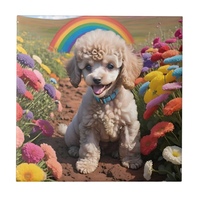 Cute Poodle Colourful flower and rainbow Ceramic Tile (Front)