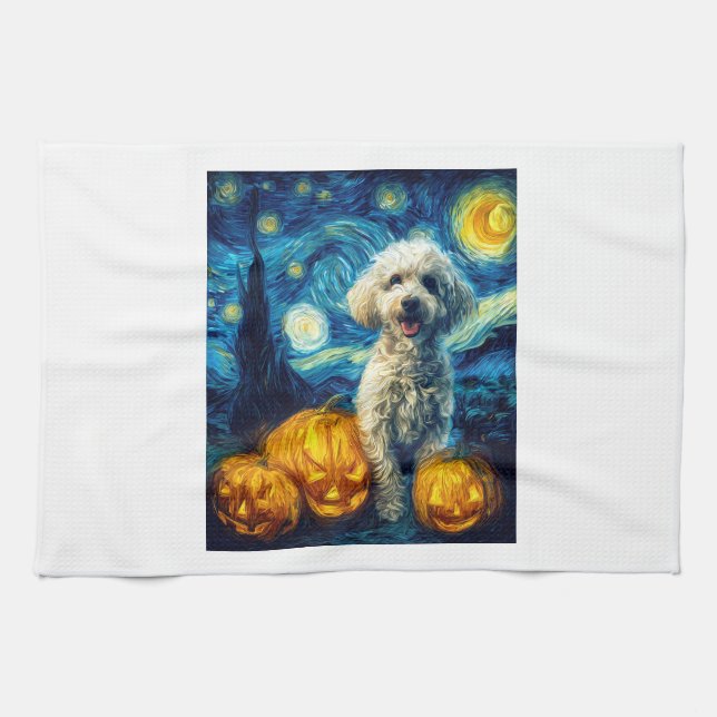 Cute Poodle Dog Halloween Jack O Lantern Pumpkin F Tea Towel (Horizontal)