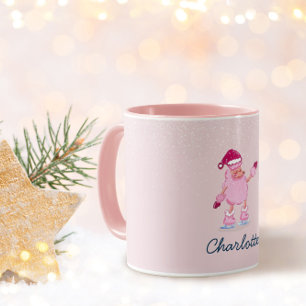Cute Poodle Dog Ice Skating Pink Winter Name Mug