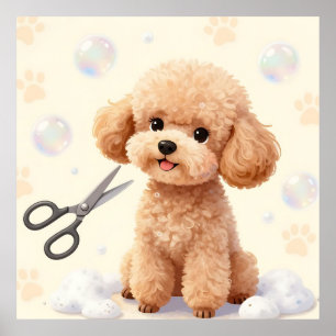 Cute Poodle Grooming Bubbles Scissors  Poster