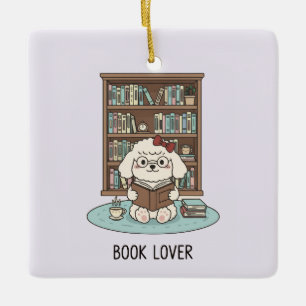 Cute Poodle Puppy Dog Book Lover Pastel Christmas Ceramic Ornament