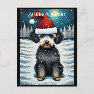 Cute Poodle Snowy Meadow Santa Puppy Holiday Postcard