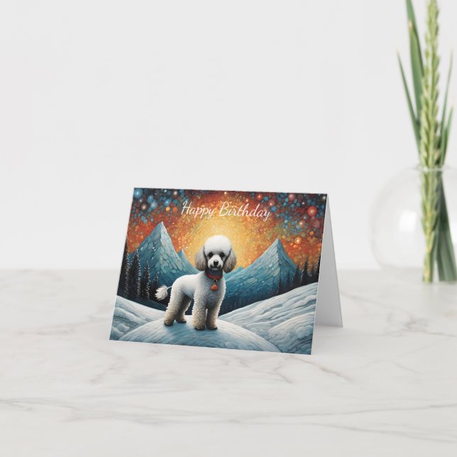 Cute Poodle Snowy Mountain Happy Birthday Card (Front)