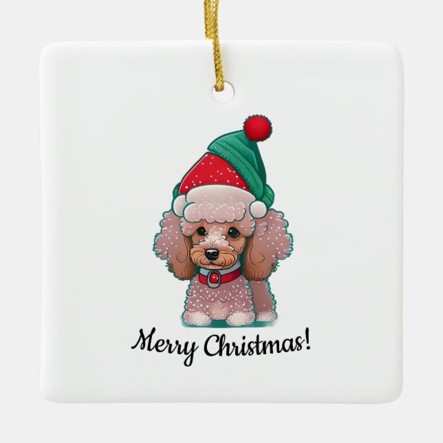 Cute poodle with Christmas Hat  Ceramic Ornament (Front)
