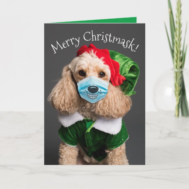 Cute Poodle With Face Mask- Merry Christmask! Holiday Card (Front)