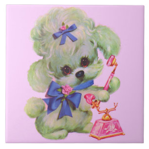 cute poodle with pink telephone ceramic tile