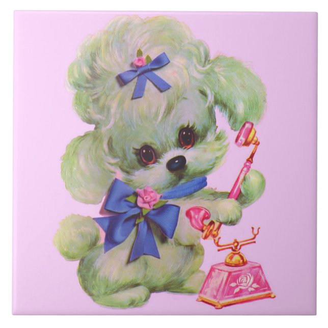 cute poodle with pink telephone ceramic tile (Front)