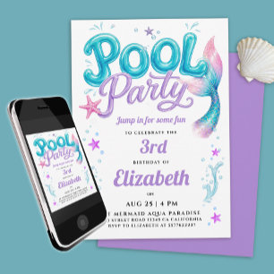 Cute Pool Party Blue Purple Mermaid Tail Invitation