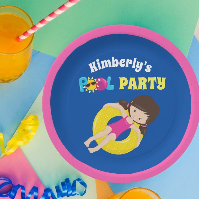 Cute Pool Party Custom Girls Birthday Paper Plate (Creator Uploaded)