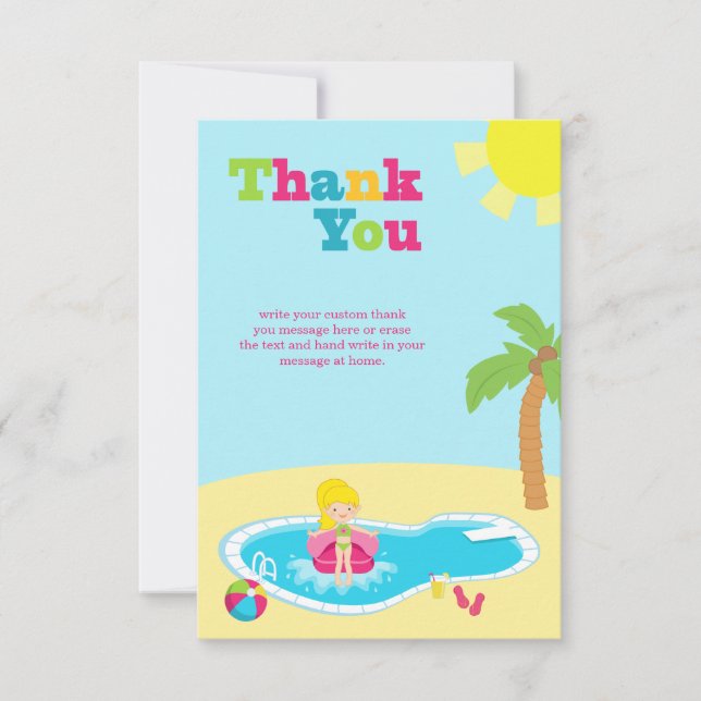 Cute pool party girls birthday thank you card (Front)