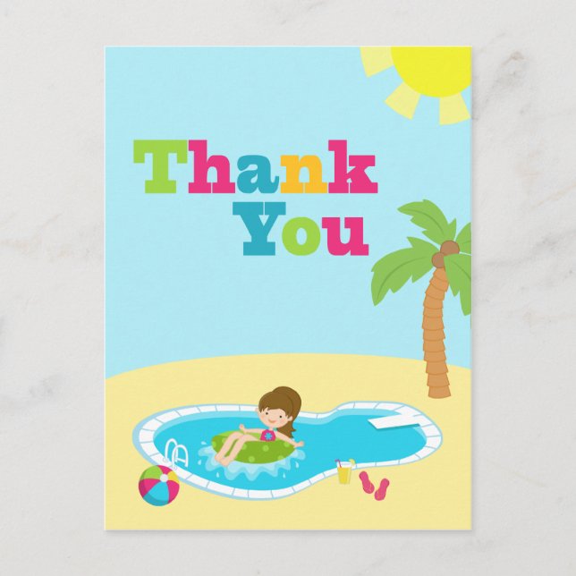 Cute pool party girls birthday thank you post card (Front)