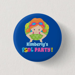 Cute Pool Party Redhead Birthday Girl 3 Cm Round Badge