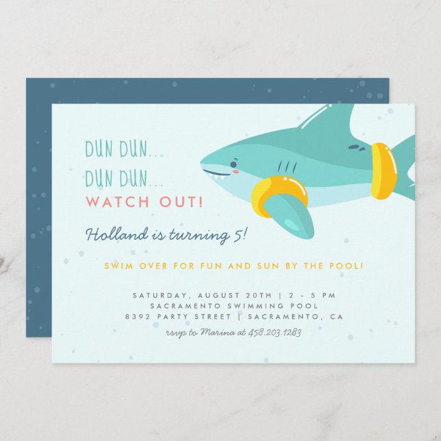 Cute Pool Party Shark Arm Bands Kids Birthday Invitation (Front/Back)