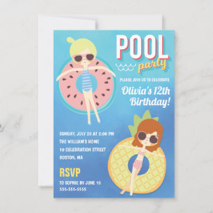 Cute Pool Party Watercolor   Girl Birthday Invitation