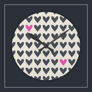 Cute Pop Art Hearts in Mod Dark Gray and Hot Pink Round Clock