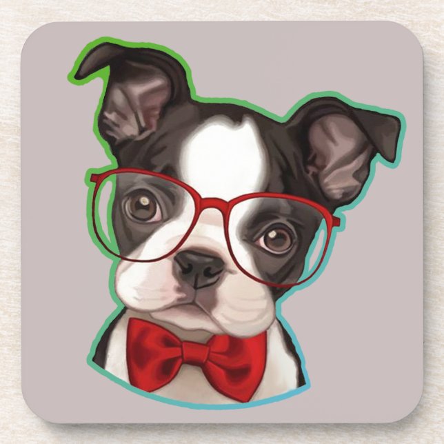 Cute Pop Art Hipster Boston Terrier Coaster (Front)