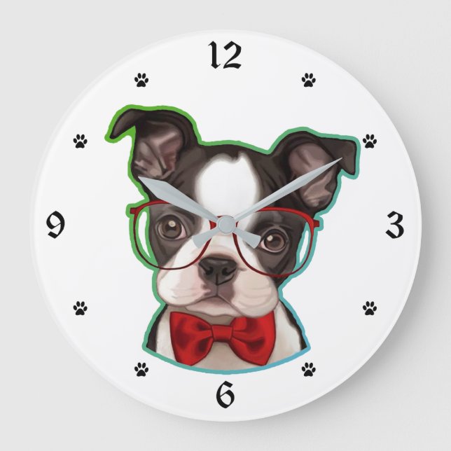 Cute Pop Art Hipster Boston Terrier Dog Large Clock (Front)