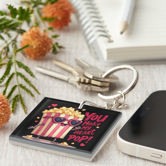 Cute Popcorn Valentine You Make My Heart Pop! Key Ring (Front Right)