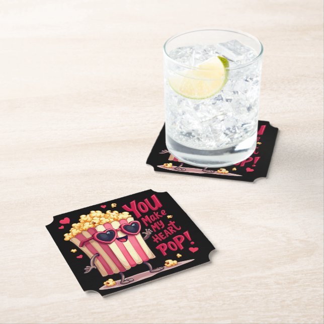 Cute Popcorn Valentine You Make My Heart Pop! Paper Coaster (Insitu)