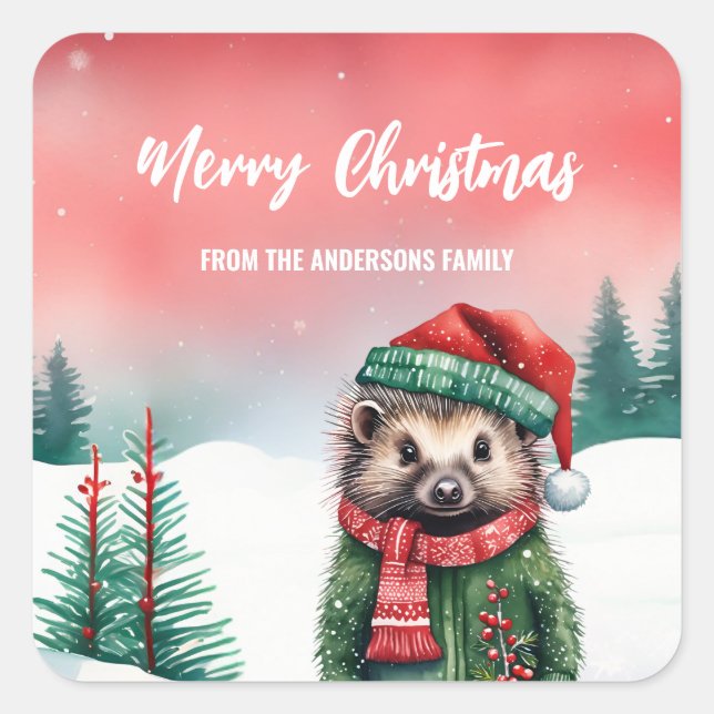 Cute porcupine Hedgehog Santa Christmas party holi Square Sticker (Front)