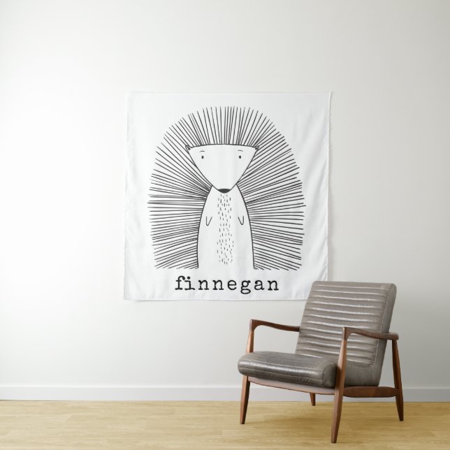 Cute Porcupine Simple Line Drawing Custom Name Tapestry (In Situ)