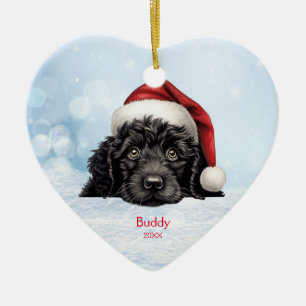 Cute Portuguese Water Dog Santa Hat Personalised  Ceramic Ornament