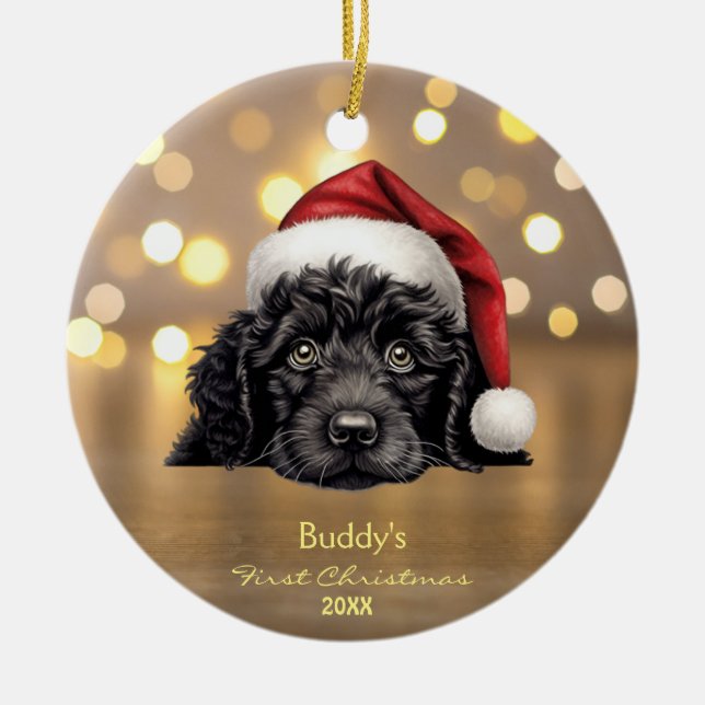 Cute Portuguese Water Dog Santa Hat Personalised  Ceramic Ornament (Front)