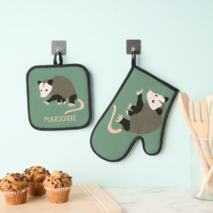 Cute Possum on Green Personalised Oven Mitt & Pot Holder Set