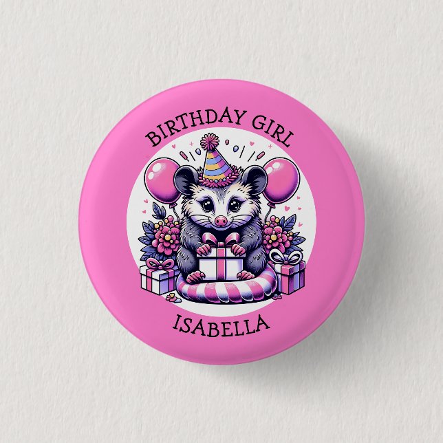 Cute Possum Personalised Girl's Birthday Girl 3 Cm Round Badge (Front)