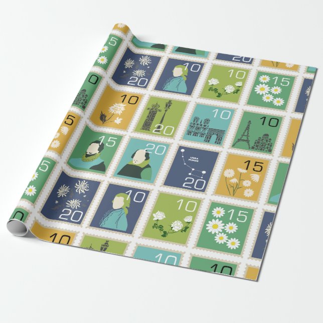 Cute Postage Stamps Wrapping Paper (Unrolled)