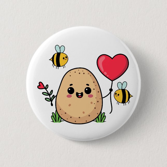 Cute Potato. Red Heart Balloon and Kawaii Bees 6 Cm Round Badge (Front)
