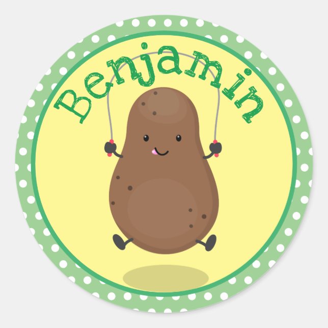Cute potato skipping rope cartoon illustration classic round sticker (Front)