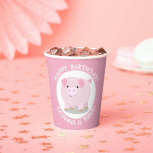 Cute potbelly pig cartoon personalised birthday paper cups