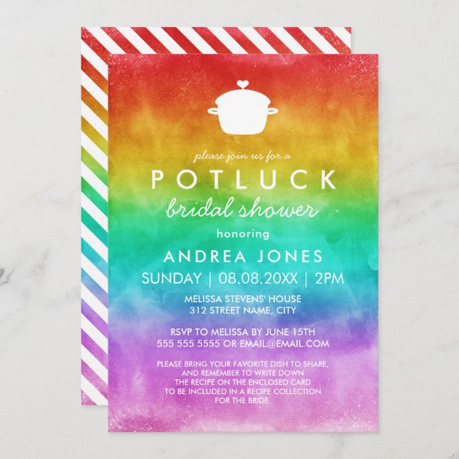 Cute Potluck Lesbian Bridal Shower | Rainbow Ombre Invitation (Front/Back)