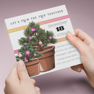Cute Potted Holiday Trees with Pink Baubles Party Invitation